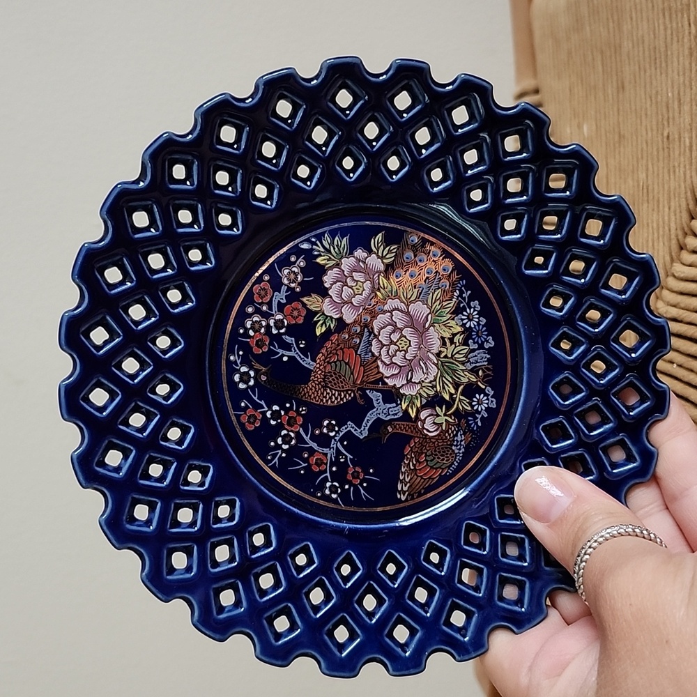 Vtg Miyako Japan Cobalt Blue Peacock Trinket Dish PorcelainPlate Floral Lattice - Picture 3 of 5
